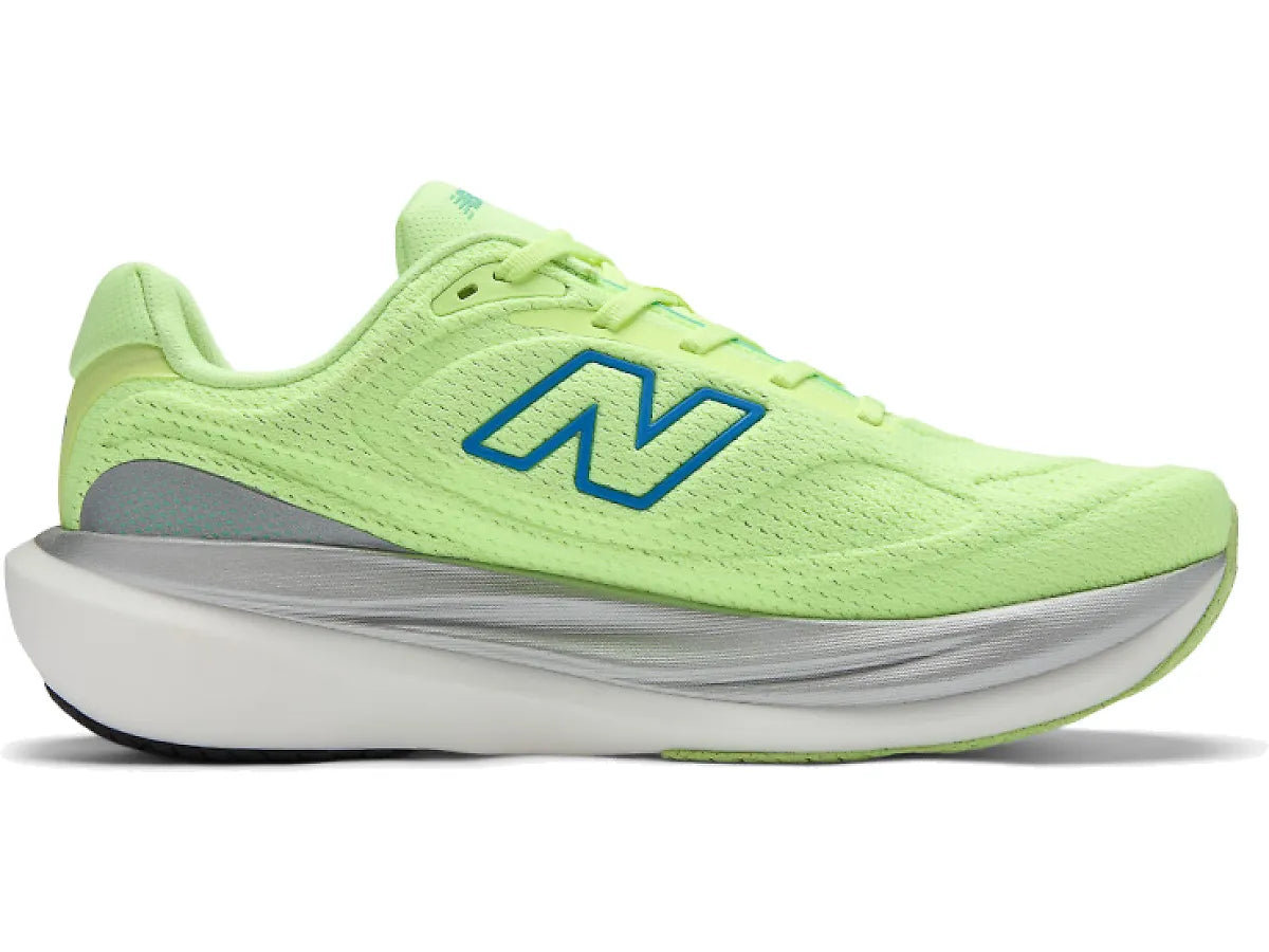 Side view on white background of Mens New Balance Fresh Foam X 1080v15 running shoe in Afterglow/Blue Bird/Silver Metallic, Medium (Regular) width