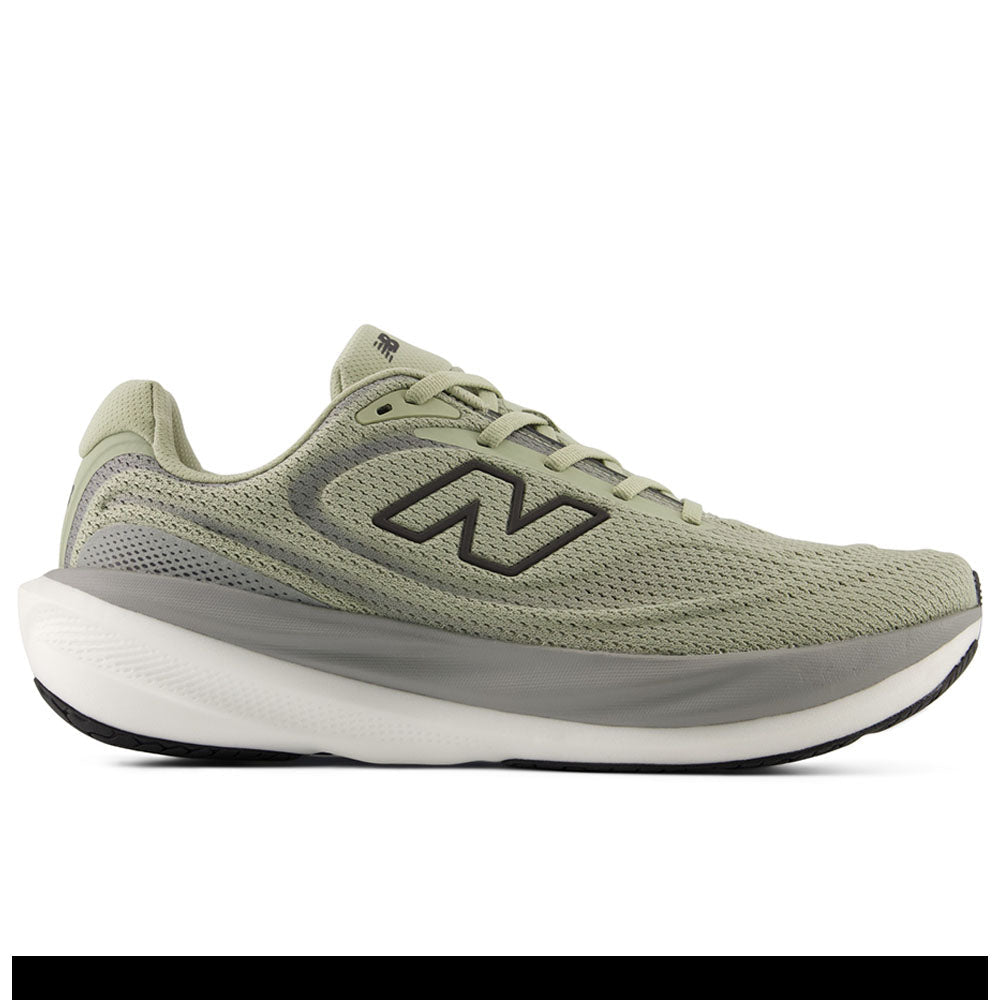 Side view on white background of Mens New Balance Fresh Foam X 1080 running shoe in Olivine/Faded Black/Slate Grey, Medium (Regular) width