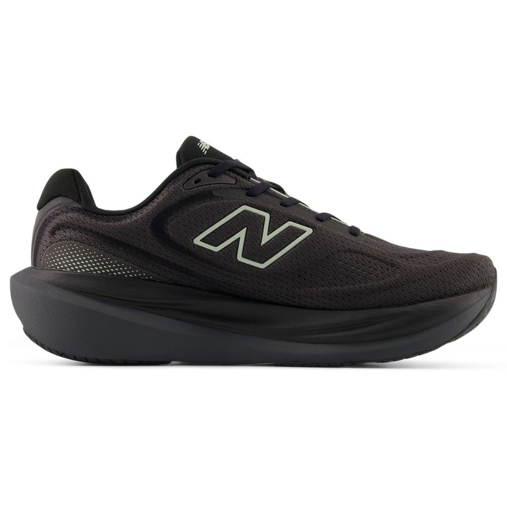 Side view on white background of Mens New Balance Fresh Foam X 1080v15 running shoe in Black/Faded Black/Olivine, Wide width
