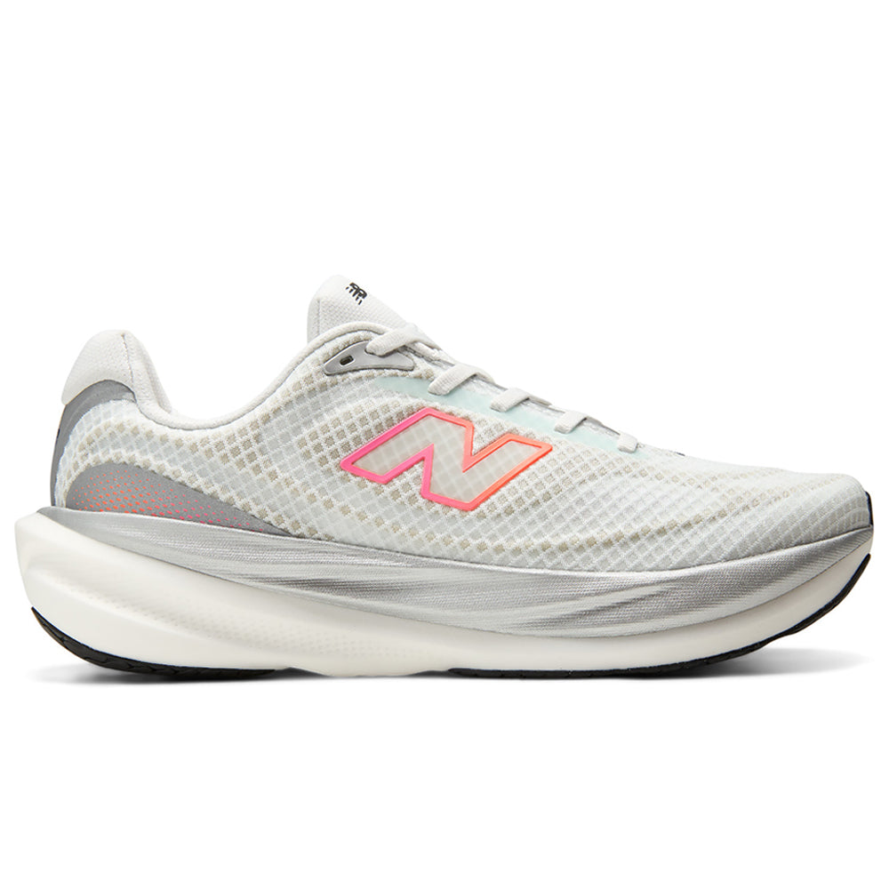 Side view on white background of Mens New Balance Fresh Foam X 1080v15 running shoe in White/Pink Heat/Tangerine Heat, Wide width