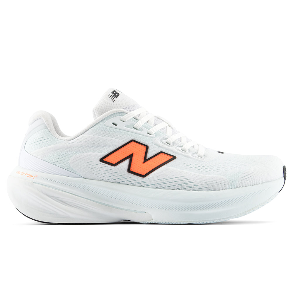 Side view on white background of Mens New Balance Fresh Foam 860 running shoe in NB 103 White/Tangerine Heat/Glint Blue, Medium (Regular) width