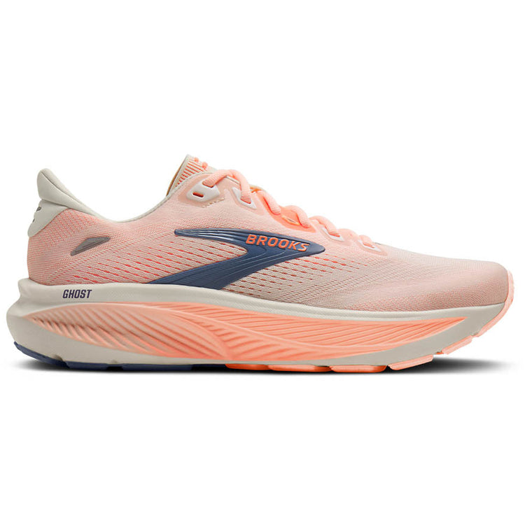 Side view on white background of Womens Brooks Ghost 18 running shoe in Peach Whip/White/Black, Medium (Regular) width