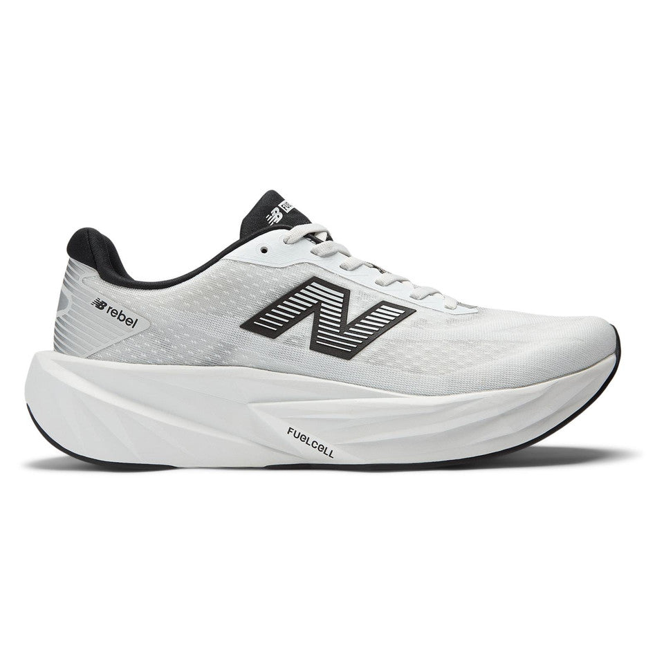 Side view on white background of Mens New Balance FuelCell Rebel V5 running shoe in White/Black/Silver Metallic, Medium (Regular) width