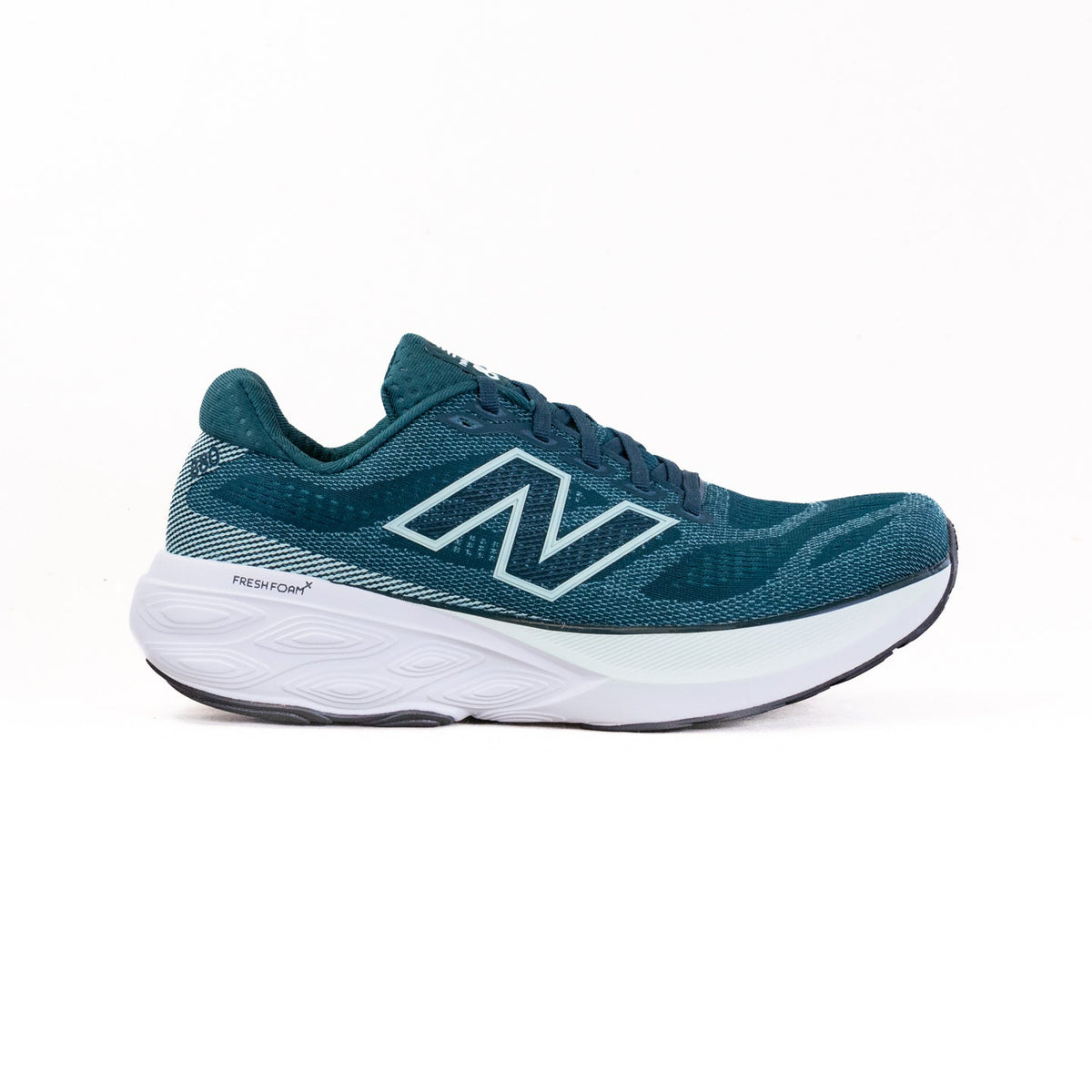 Side view on white background of Mens New Balance Fresh Foam X 880v15 running shoe in Medusa Green/Cosmic Jade, Wide width