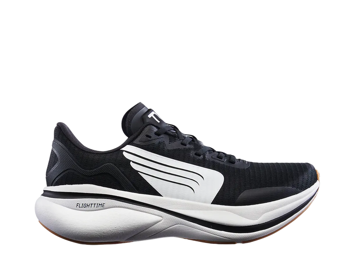 Side view on white background of Mens TYR Maverick V1 running shoe in White/Black Gum, Medium (Regular) width