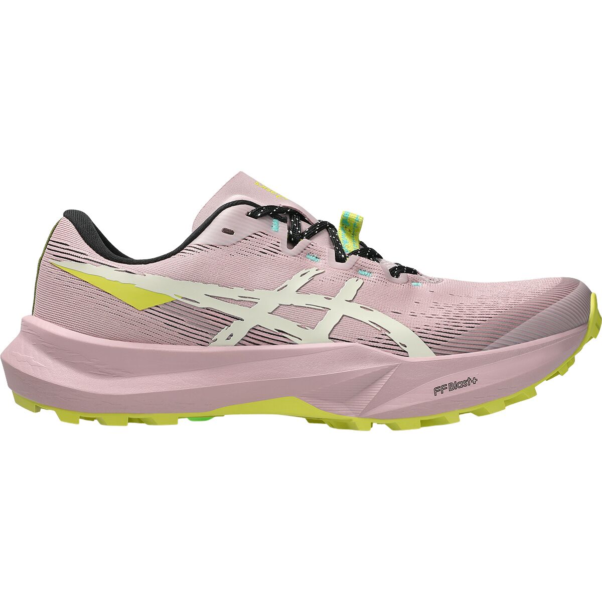 Side view on white background of Womens Asics Fuji Lite 6 running shoe in Morganite/Light Dust, Medium (Regular) width