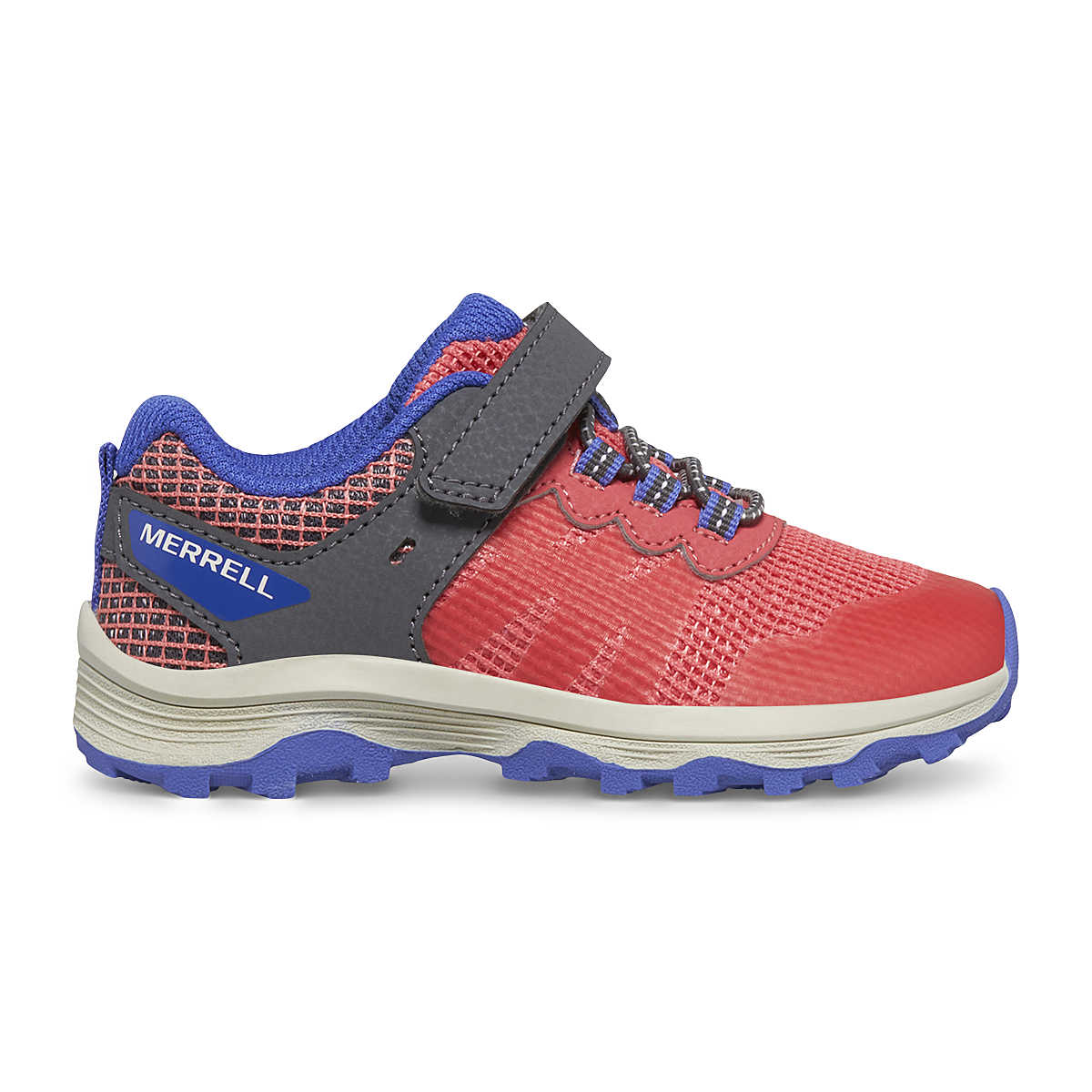 Side view on white background of Toddler Merrell Nova 3 Jr running shoe in Lava, Medium (Regular) width