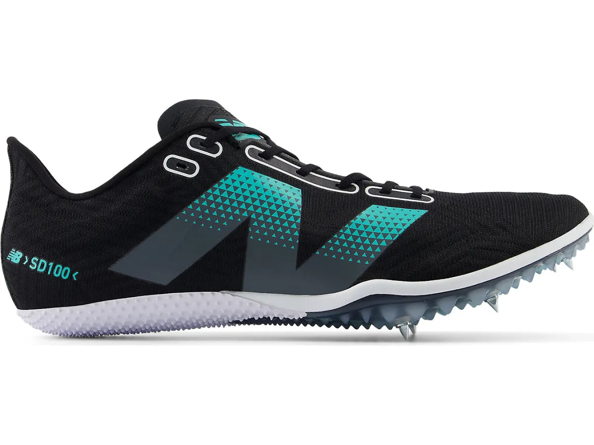 Side view on white background of Womens New Balance FuelCell SD100 v5 running shoe in Black/Graphite, Medium (Regular) width