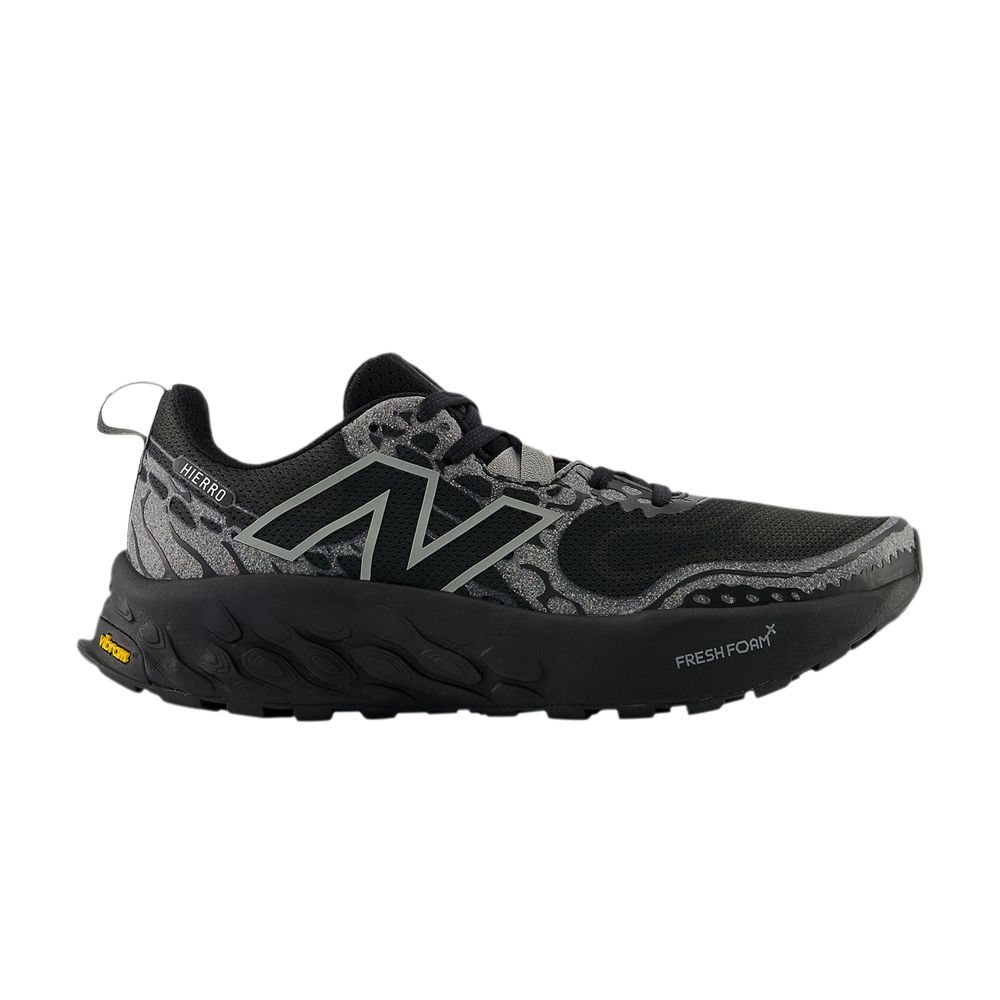 Side view on white background of Mens New Balance Fresh Foam X Hierro V8 running shoe in Black/Shadow Grey/Black, Wide width