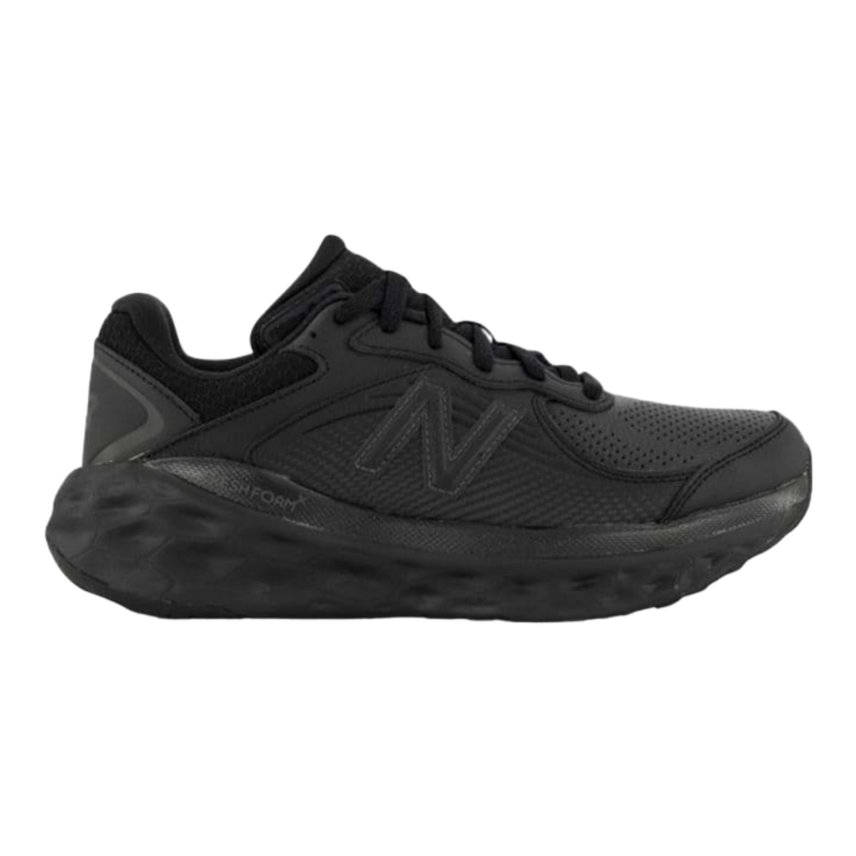 Side view on white background of Womens New Balance Fresh Foam X 840v1 running shoe in Black/Black/Blacktop, Medium (Regular) width