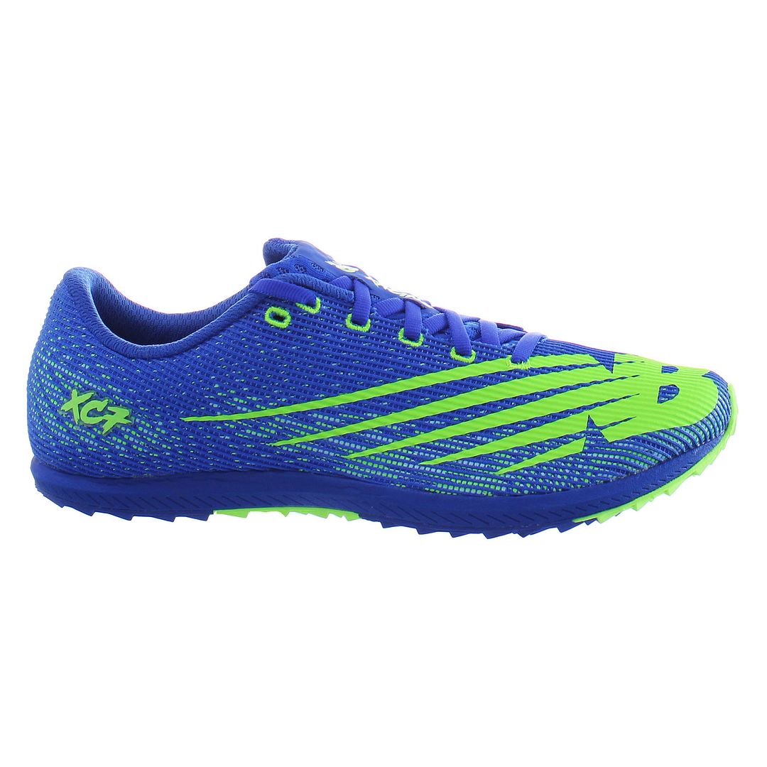 Side view on white background of Mens New Balance XC Seven V3 running shoe in Cobalt/Lime Green , Medium (Regular) width