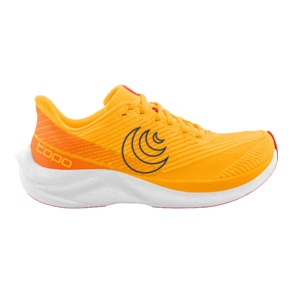 Side view on white background of Mens Topo Athletic Cyclone 3 running shoe in Orange/Navy, Medium (Regular) width