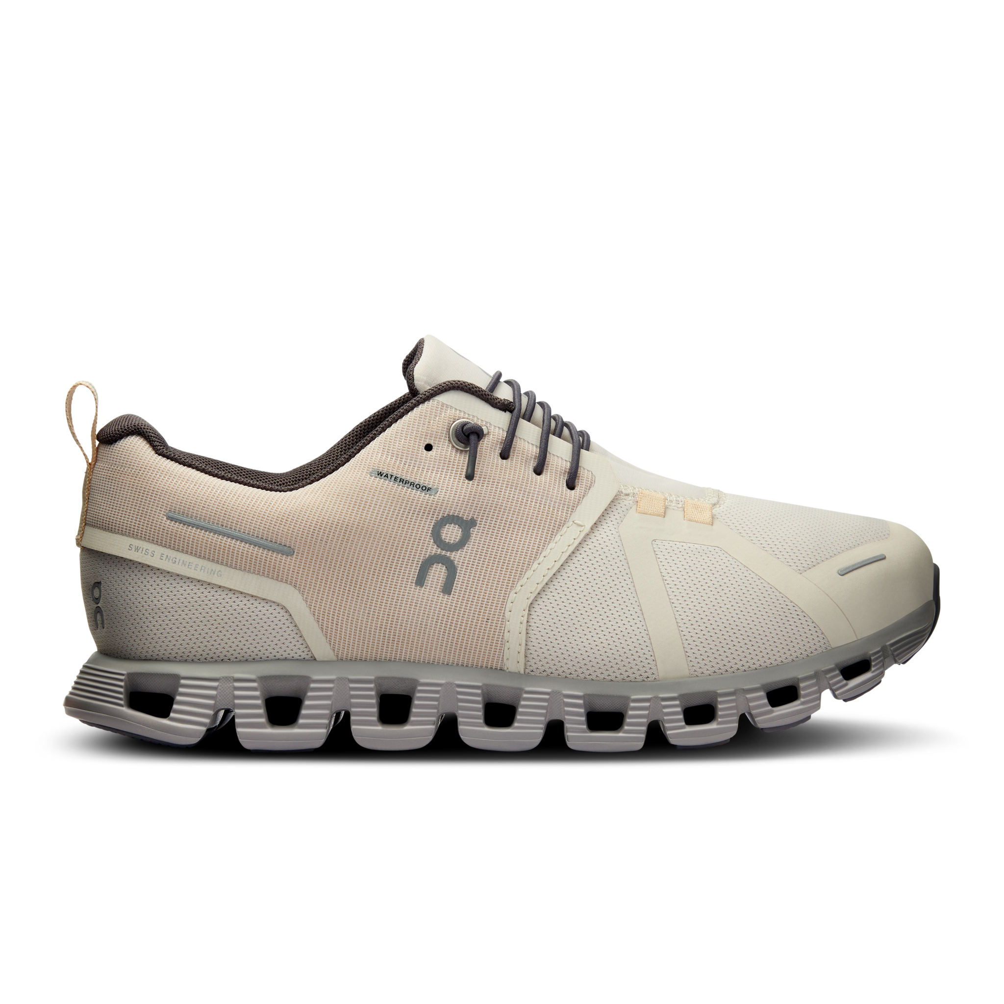 Side view on white background of Womens On Cloud 5 Waterproof running shoe in Pearl/Fog, Medium (Regular) width
