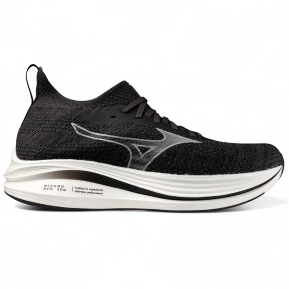 Side view on white background of Mens Mizuno Neo Zen running shoe in Black Sand/Quiet Shade, Medium (Regular) width