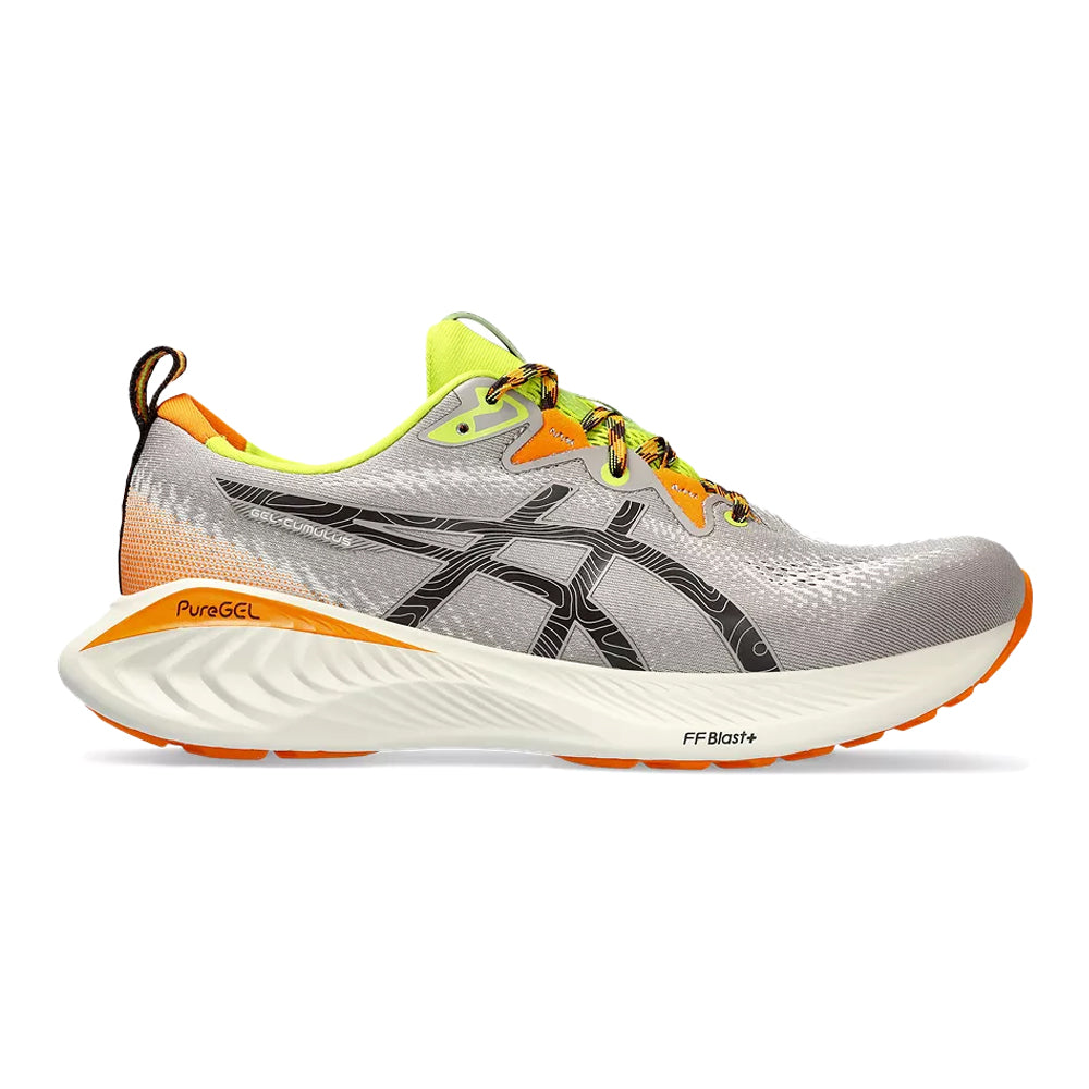 Side view on white background of Mens Asics Gel-Cumulus running shoe in Nature Bathing/Neon Lime, Medium (Regular) width