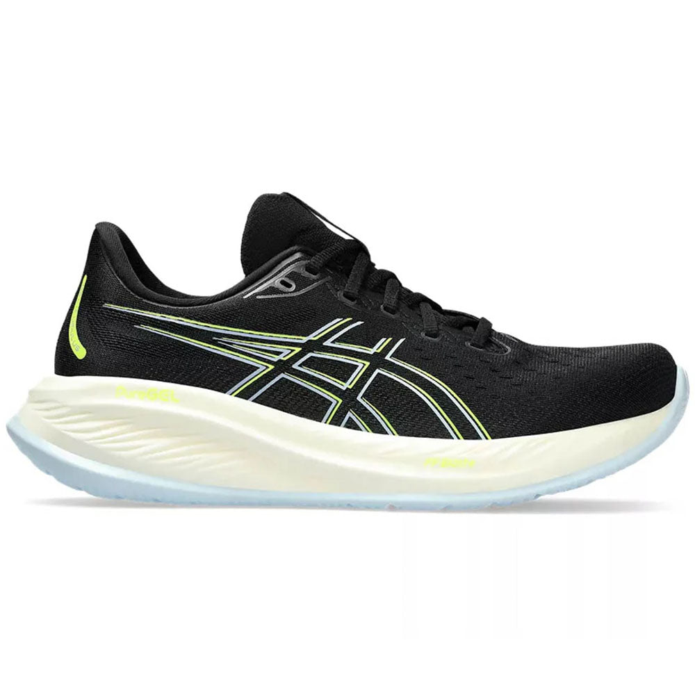 Side view on white background of Mens Asics Gel-Cumulus running shoe in Black/Safety Yellow, Medium (Regular) width