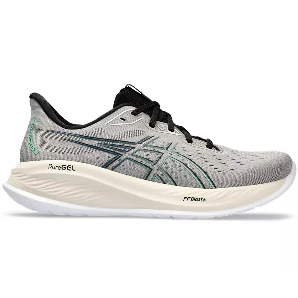 Side view on white background of Mens Asics Gel-Cumulus running shoe in Moonrock/Dark Mint, Medium (Regular) width