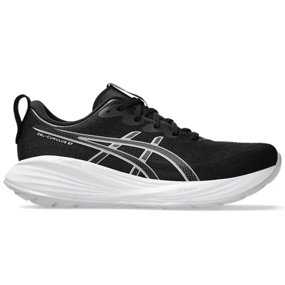 Side view on white background of Mens Asics Gel-Cumulus running shoe in Black/Concrete, Medium (Regular) width