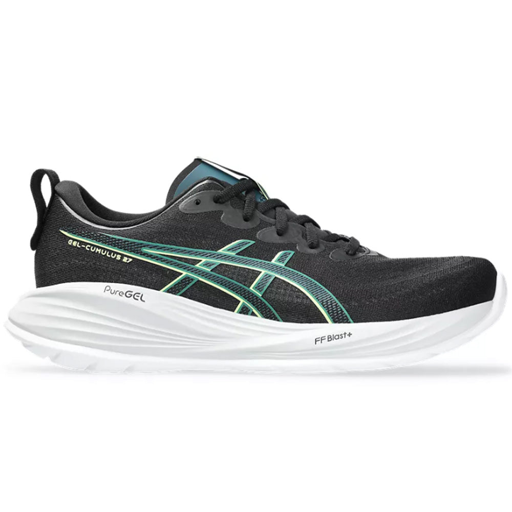 Side view on white background of Mens Asics Gel-Cumulus 27 running shoe in Black/Lucid Yellow, Medium (Regular) width