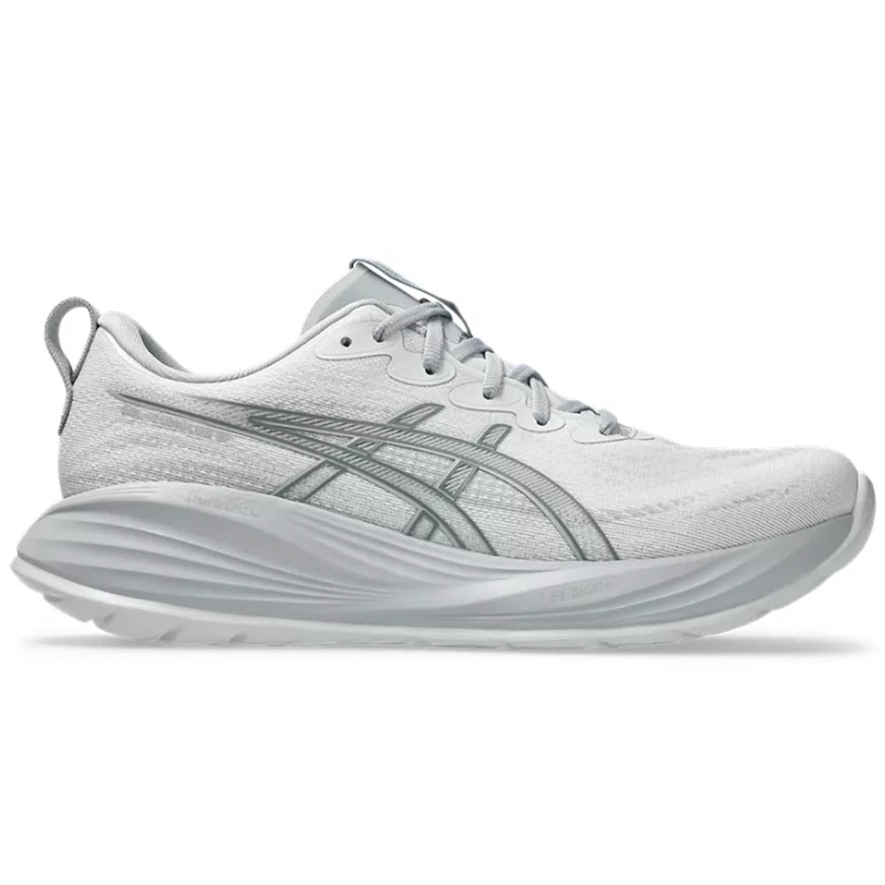 Side view on white background of Mens Asics Gel-Cumulus running shoe in Glacier Grey/Mid Grey, Medium (Regular) width