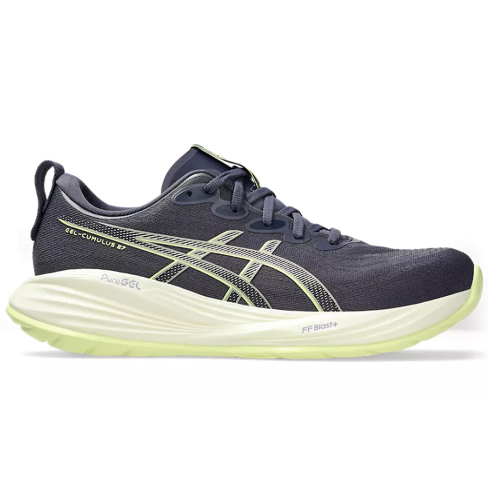 Side view on white background of Mens Asics Gel-Cumulus running shoe in Indigo Fog/Lucid Yellow, Medium (Regular) width