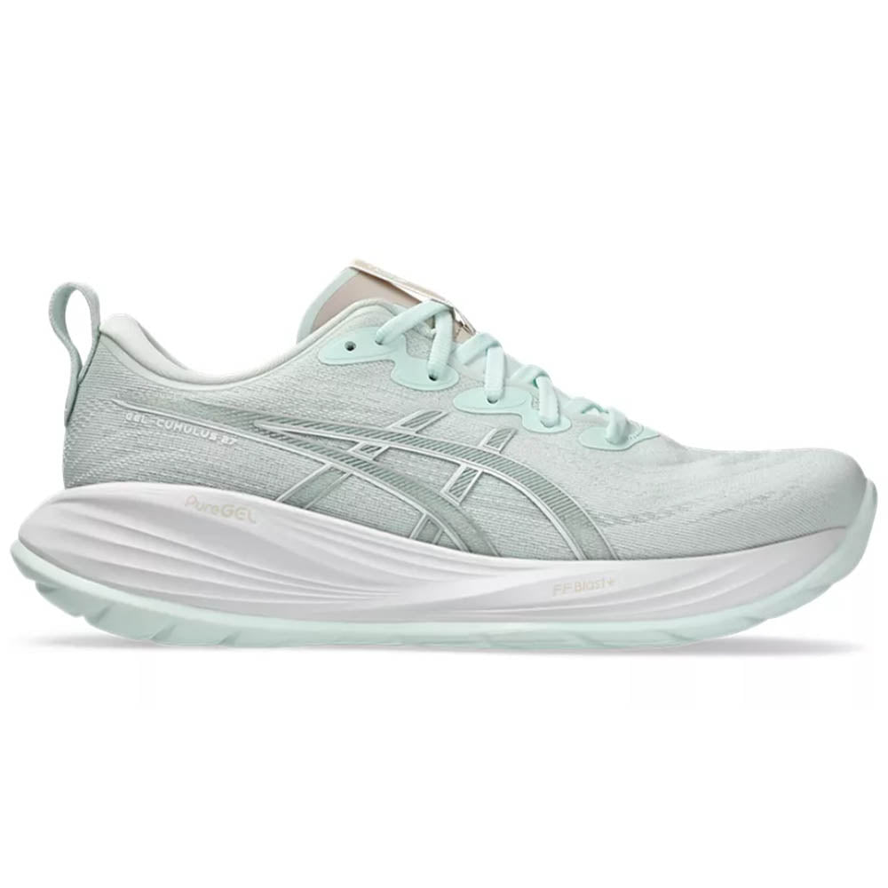 Side view on white background of Mens Asics Gel-Cumulus running shoe in Pure Aqua/White, Medium (Regular) width