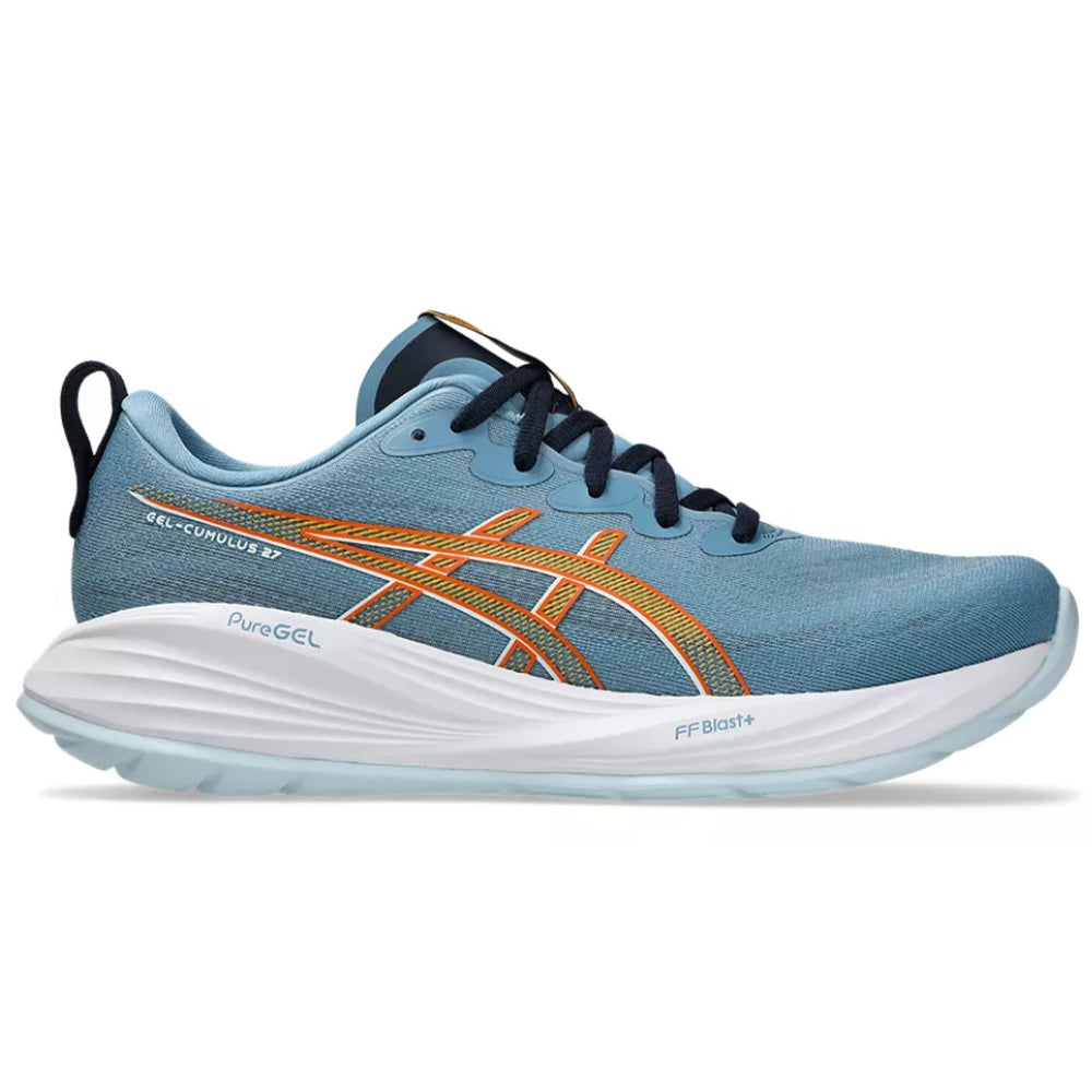 Side view on white background of Mens Asics Gel-Cumulus running shoe in Saba Blue/White, Medium (Regular) width