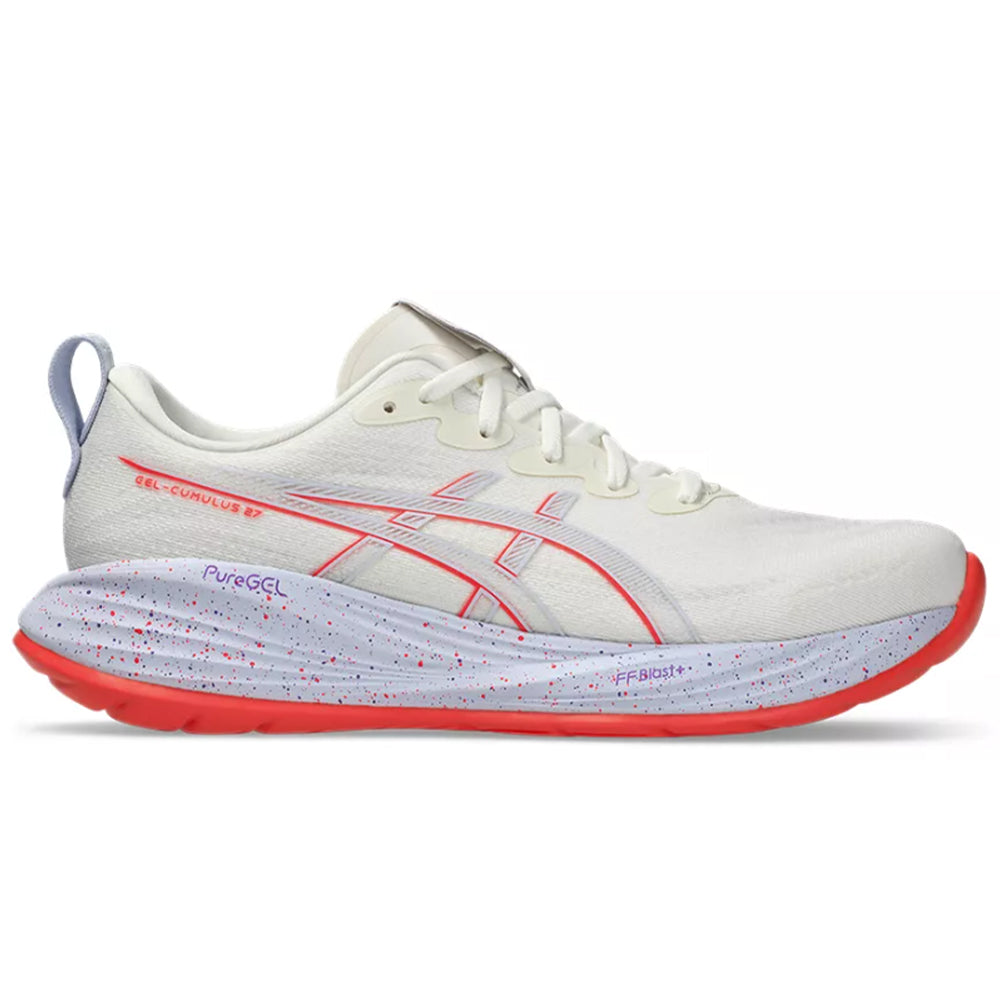 Side view on white background of Mens Asics Gel-Cumulus running shoe in Cream/Edo Purple, Medium (Regular) width