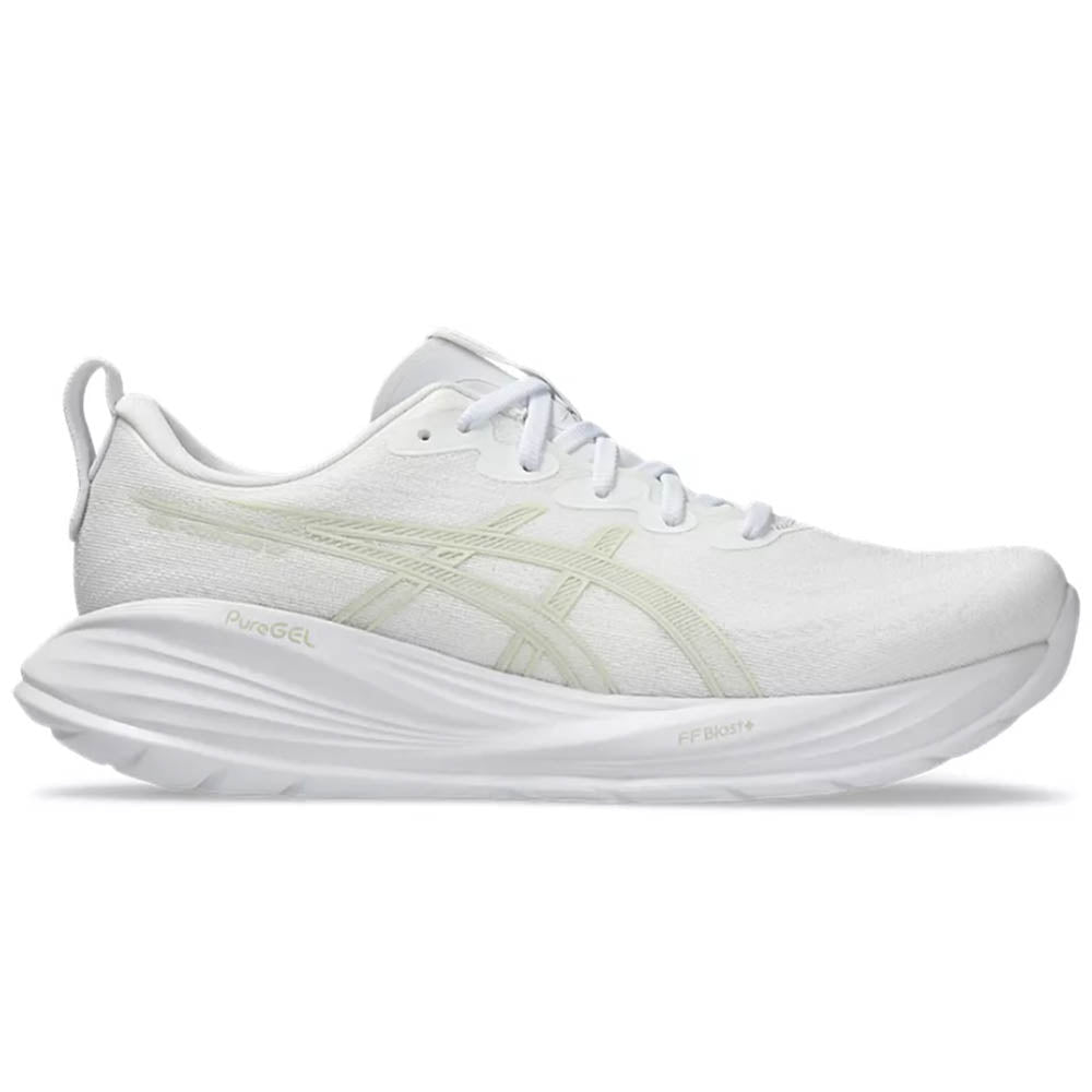 Side view on white background of Mens Asics Gel-Cumulus running shoe in White/Lake Grey, Medium (Regular) width