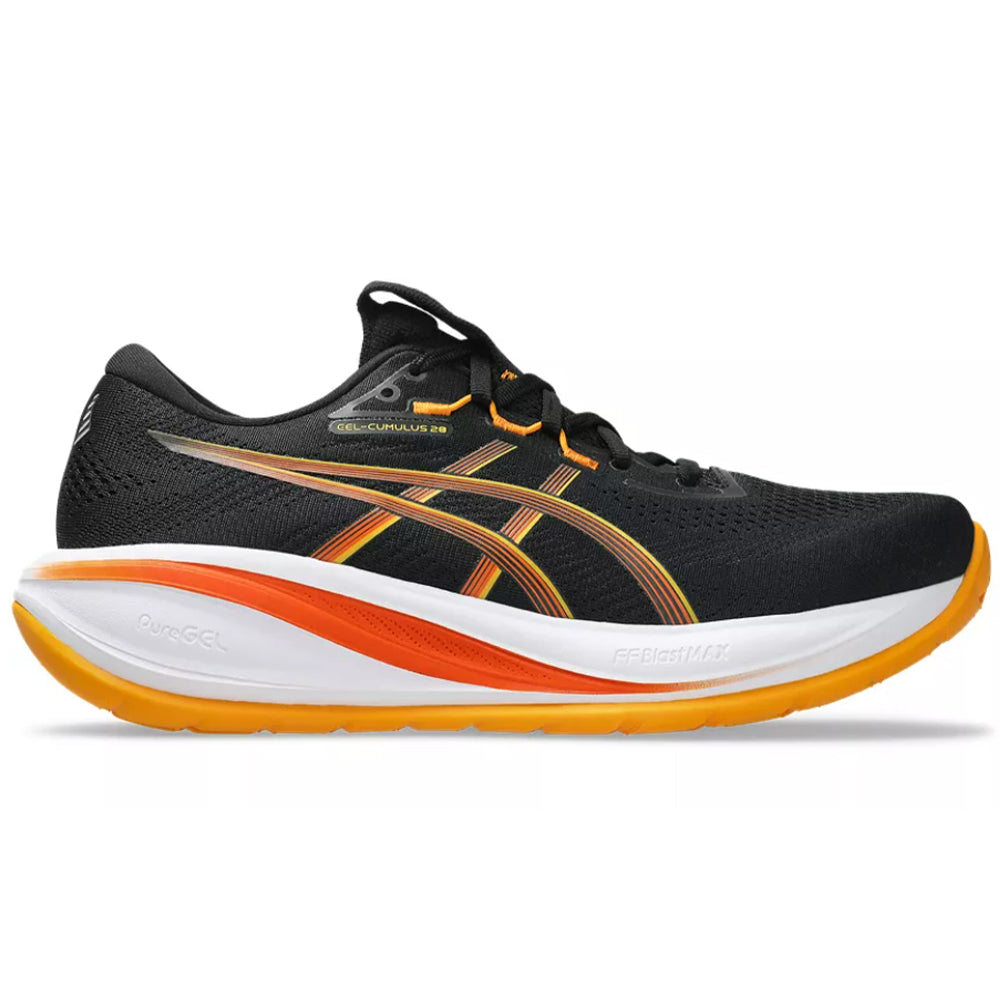 Side view on white background of Mens Asics Gel-Cumulus 28 running shoe in Black/Anzu, Medium (Regular) width