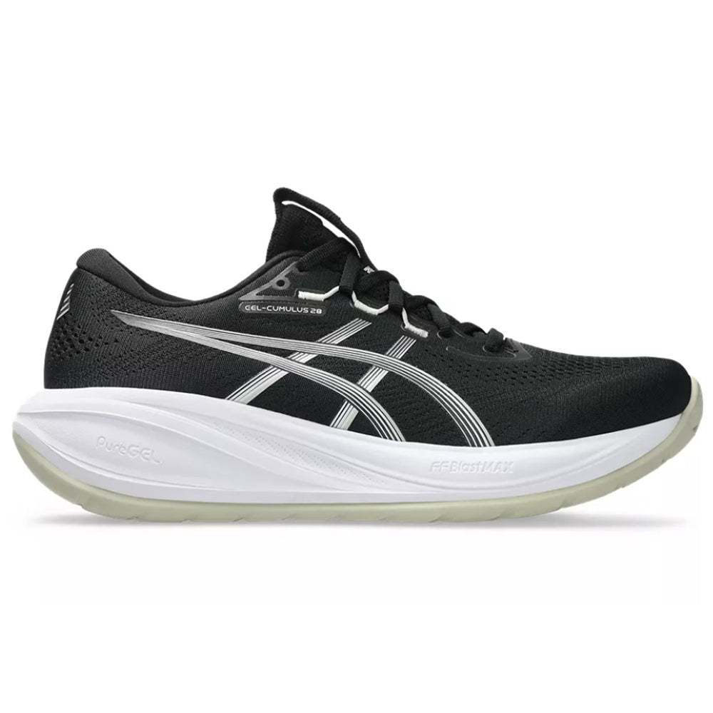 Side view on white background of Mens Asics Gel-Cumulus running shoe in Black/White, Medium (Regular) width