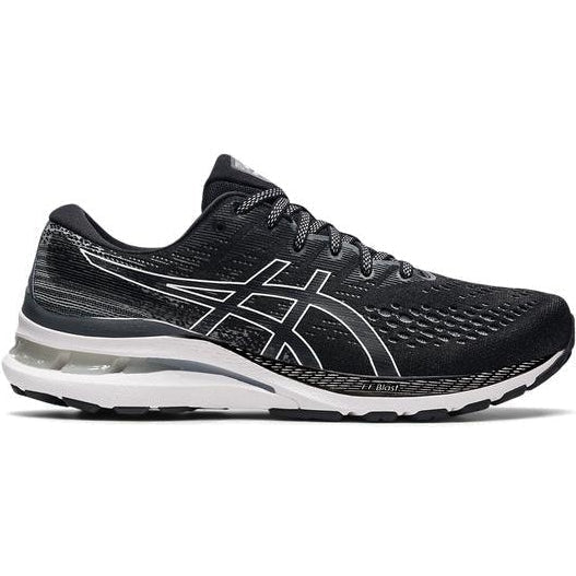 Side view on white background of Mens Asics Gel-Kayano running shoe in Black/White, Medium (Regular) width