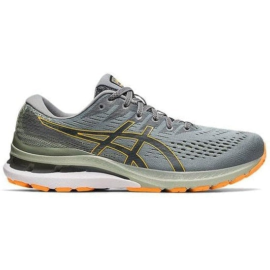 Side view on white background of Mens Asics Gel-Kayano running shoe in Sheet Rock/Orange Pop, Medium (Regular) width