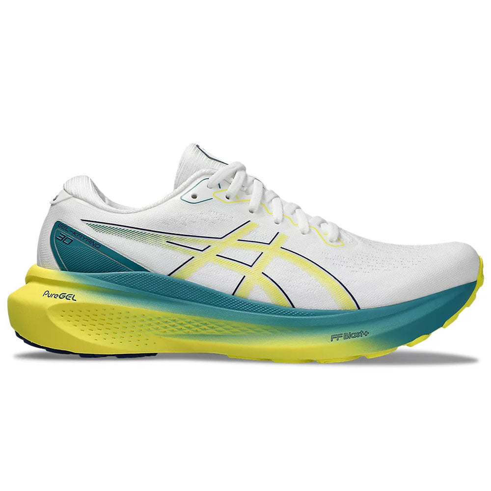 Side view on white background of Mens Asics Gel-Kayano running shoe in White/Bright Yellow, Medium (Regular) width