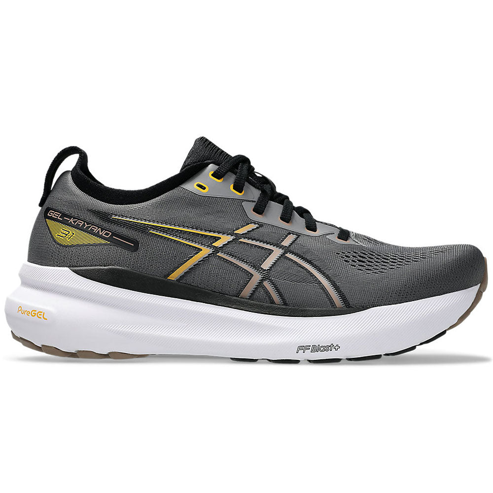 Side view on white background of Mens Asics Gel-Kayano running shoe in Carbon/Taupe Grey, Wide width