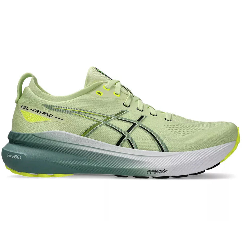 Side view on white background of Mens Asics Gel-Kayano running shoe in Cool Matcha/Celadon, Medium (Regular) width