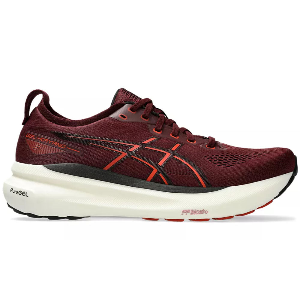 Side view on white background of Mens Asics Gel-Kayano running shoe in Deep Mars/Black, Medium (Regular) width