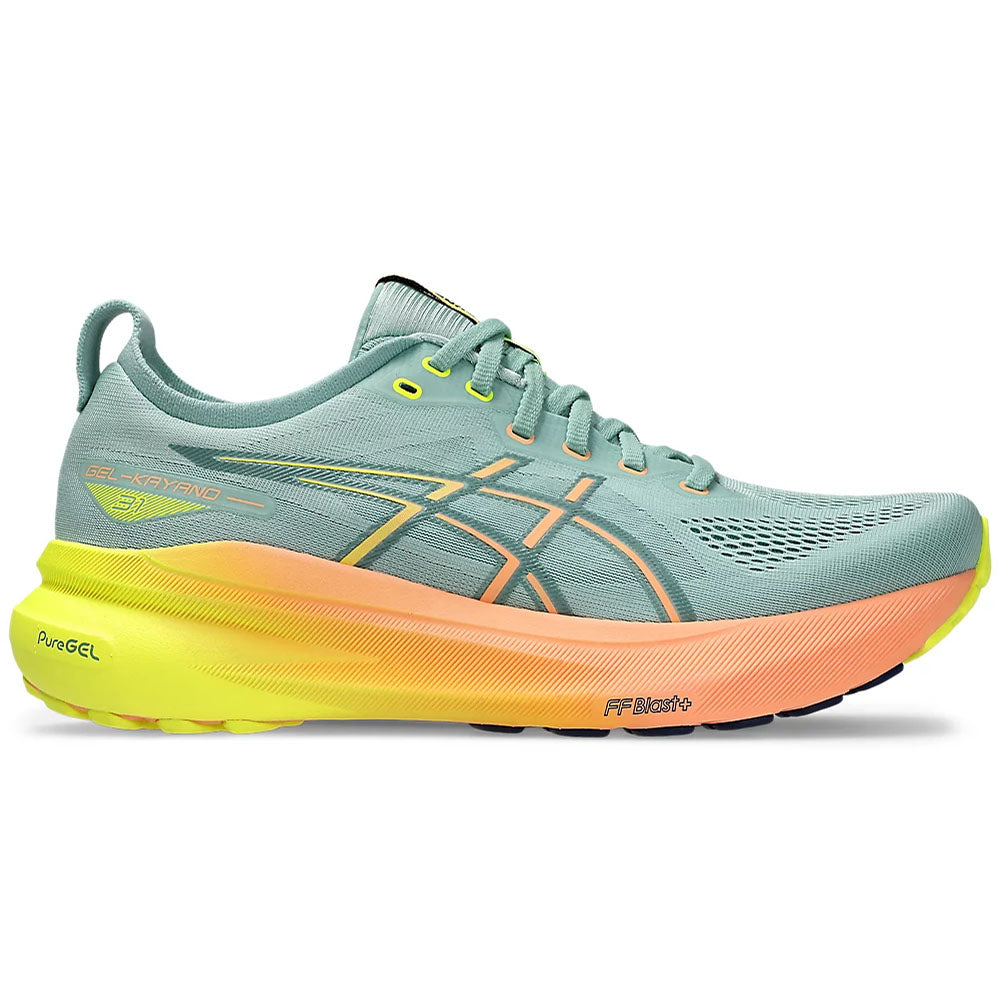 Side view on white background of Mens Asics Gel-Kayano running shoe in Light Celadon/Safety Yellow, Medium (Regular) width