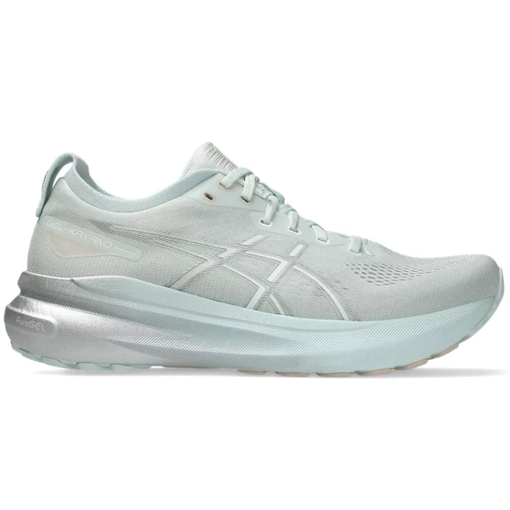Side view on white background of Mens Asics Gel-Kayano running shoe in Pure Aqua/Pure Silver, Medium (Regular) width