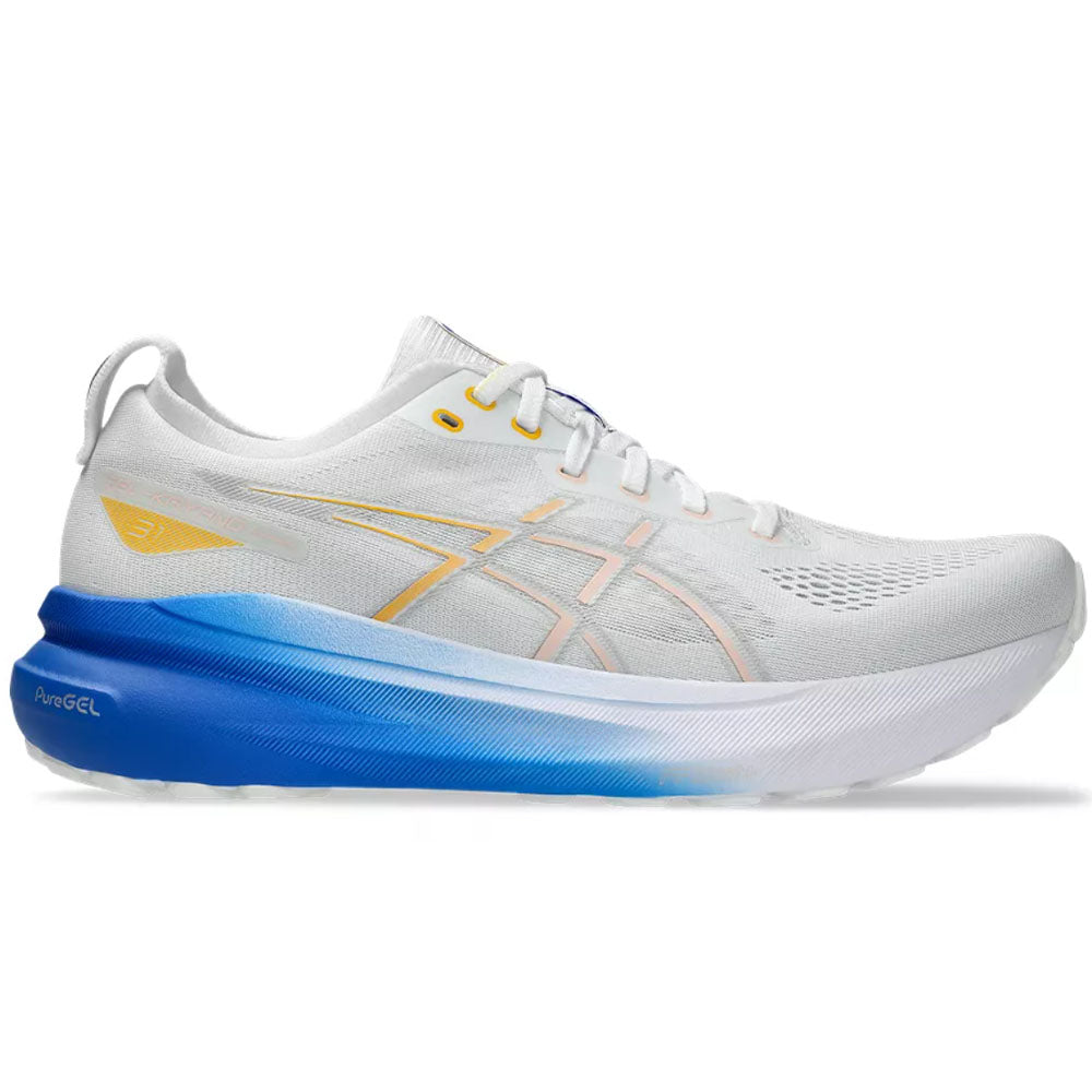 Asics Gel-Kayano Mens running shoes in White/Breeze - side view on a white background