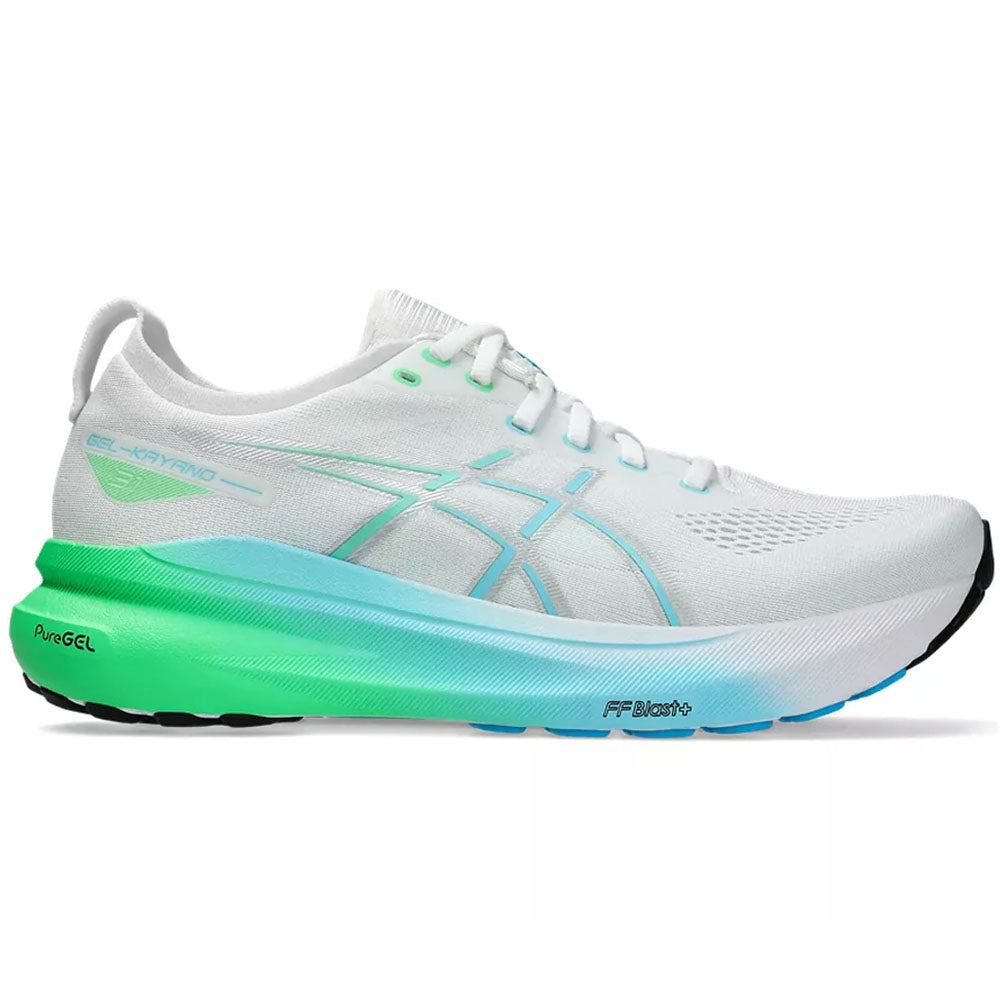 Side view on white background of Mens Asics Gel-Kayano running shoe in White/Bright Cyan, Medium (Regular) width