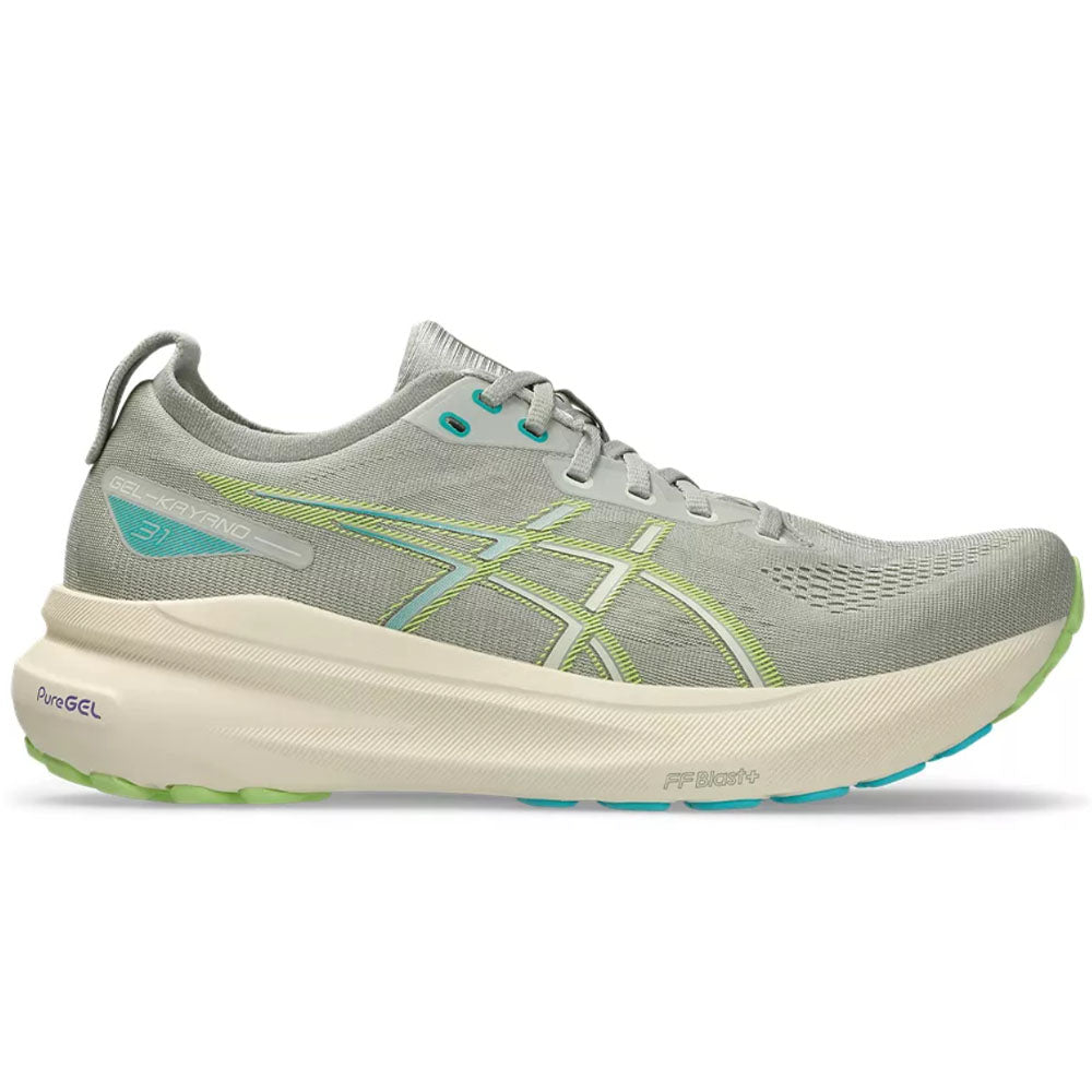 Side view on white background of Mens Asics Gel-Kayano running shoe in White Sage/Birch, Medium (Regular) width