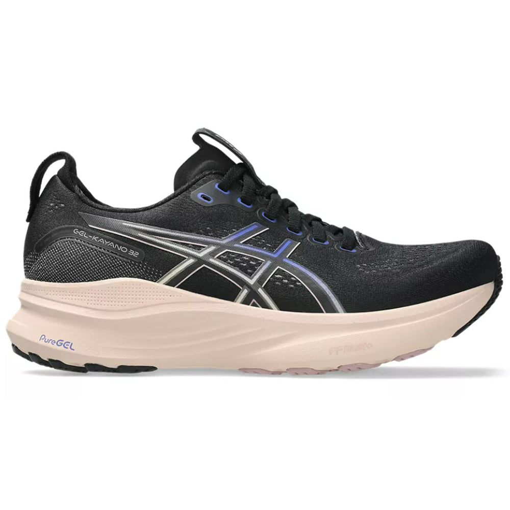 Side view on white background of Womens Asics Gel-Kayano running shoe in Black/Pearl Pink, Medium (Regular) width