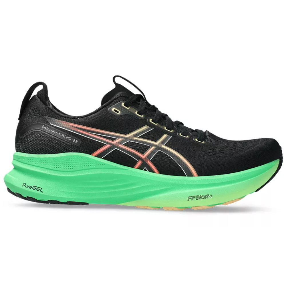 Side view on white background of Mens Asics Gel-Kayano running shoe in Black/Vital Green, Medium (Regular) width