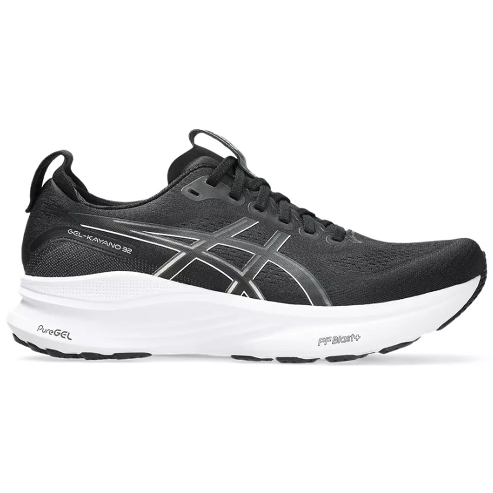Side view on white background of Mens Asics Gel-Kayano running shoe in Black/White, Wide width