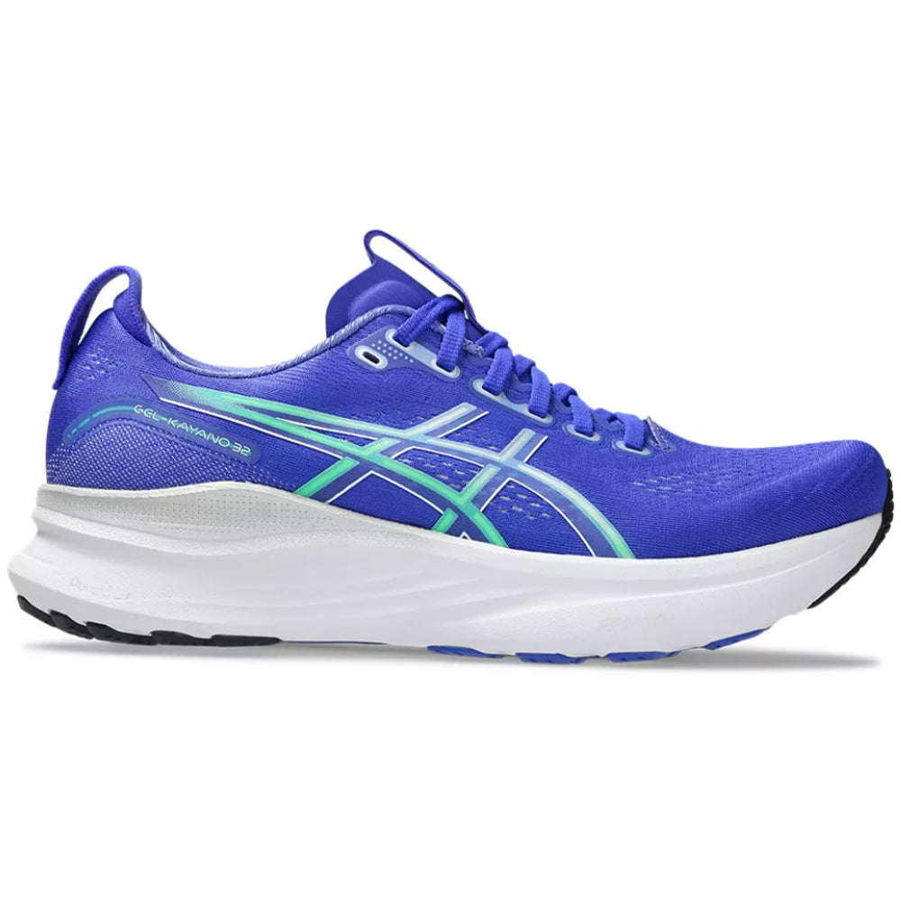 Side view on white background of Mens Asics Gel-Kayano running shoe in Cobalt Burst/Pure Silver, Medium (Regular) width