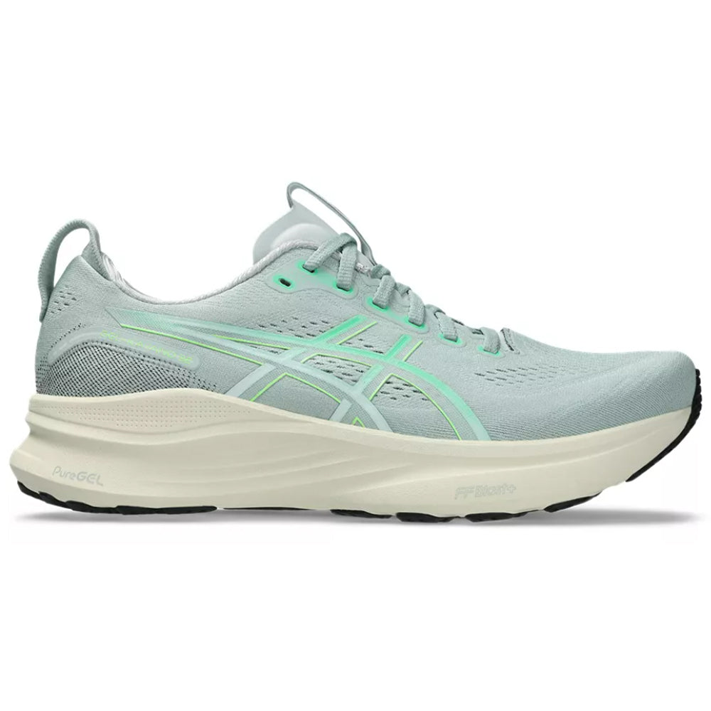 Side view on white background of Mens Asics Gel-Kayano running shoe in Cold Moss/Vital Green, Medium (Regular) width