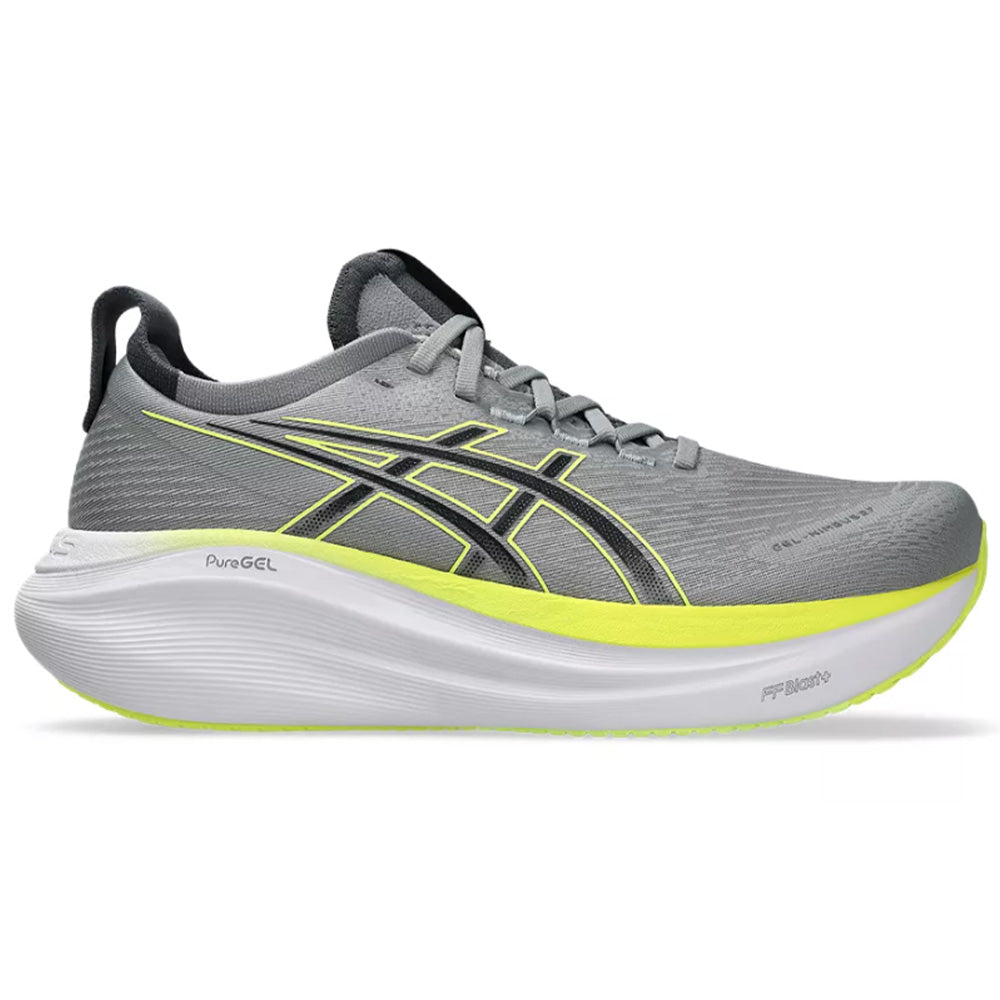 Side view on white background of Mens Asics Gel-Nimbus running shoe in Gravel/Carrier Grey, Medium (Regular) width