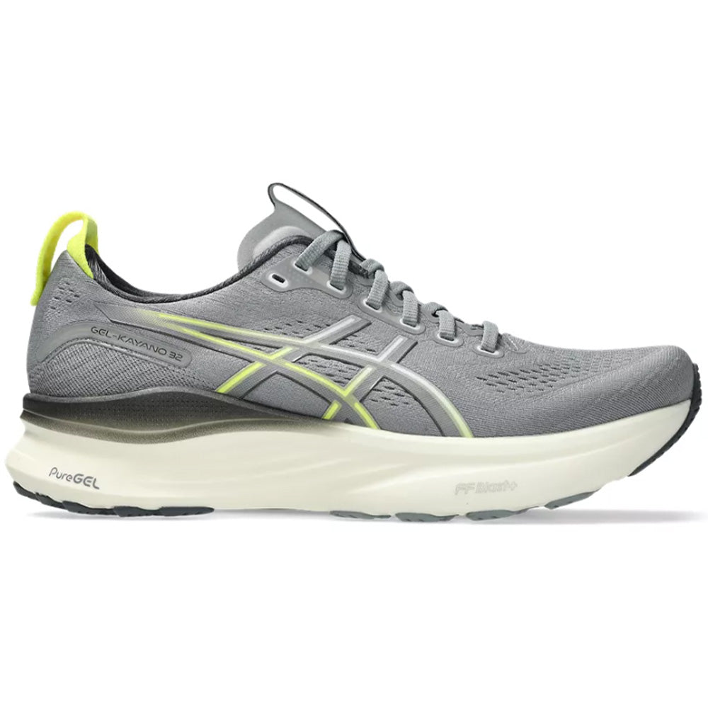 Side view on white background of Mens Asics Gel-Kayano running shoe in Gravel/Citron, Medium (Regular) width