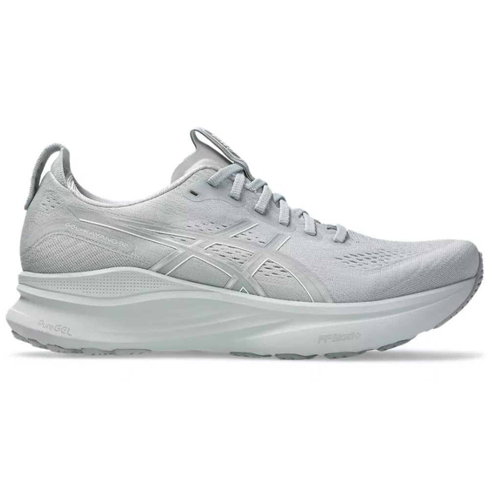 Side view on white background of Mens Asics Gel-Kayano running shoe in Piedmont Grey/Gravel, Wide width